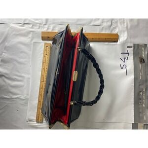 Vintage Black Patent Top Handle Handbag Red Interior‎ Gold Trim Clutch Evening